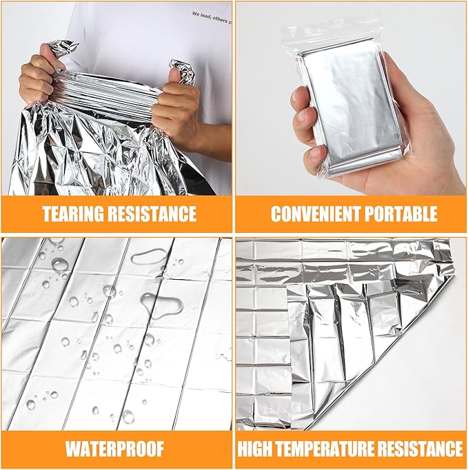 100PCS Emergency Blankets Foil Mylar Thermal Individually Wrapped, Waterproof Survival Blanket for Camping, Outdoors, First Aid Kit Travel