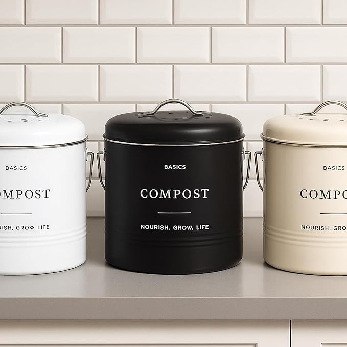 D'Lifeful Kitchen Compost Bin – 1.3 Gallon Countertop Farmhouse Compost Container with Lid – Odorless Indoor Food Scrap Pail with 6 Charcoal Filters – Eco-Conscious and Easy to Clean - Black