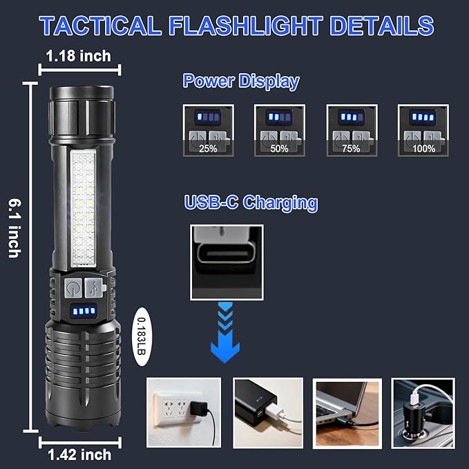 Rechargeable LED Flashlight High Lumens , Waterproof Zoomable Tactical Flashlights, 5 Modes High Powered Flash Light ,Small Handheld Adjustable Bright Flash Light for Home , Emergency Outdoor 2 Pack
