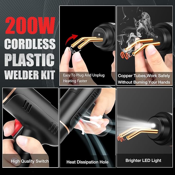 200W Cordless Plastic Welder, Plastic Welding Kit with 1200PCS Hot Stapler, USB Rechargeable Plastic Welder Gun with 5000mAh Battery, Plastic Weld Bumper Repair Kit for Most Plastic Repair