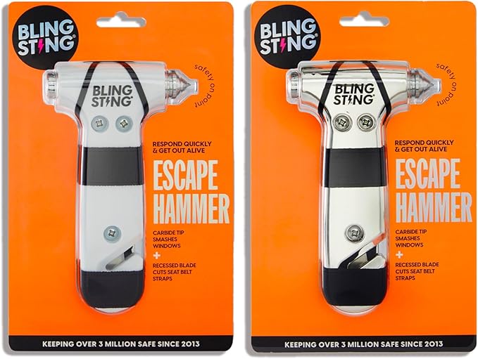 BLINGSTING Glammer Safety Hammer - Emergency Automotive Escape Hammer Tool, Seat Belt Cutter & Car Window Break Tool - White & Silver, 2 Count
