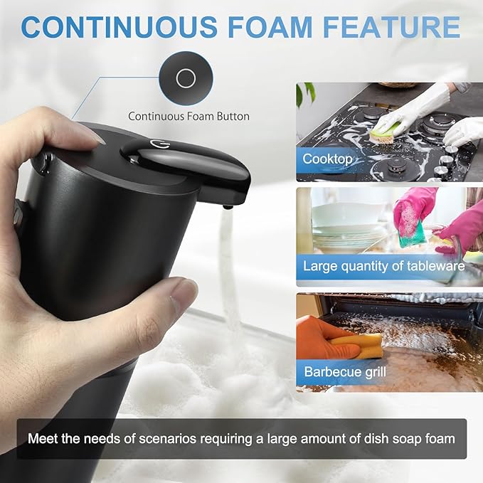 Automatic Foaming Soap Dispenser, Wall Mount Touchless 4 Gear Adjustable Electric Soap Dispenser,USB Rechargeable with Infrared Motion Sensor (Black, 12.8oz)