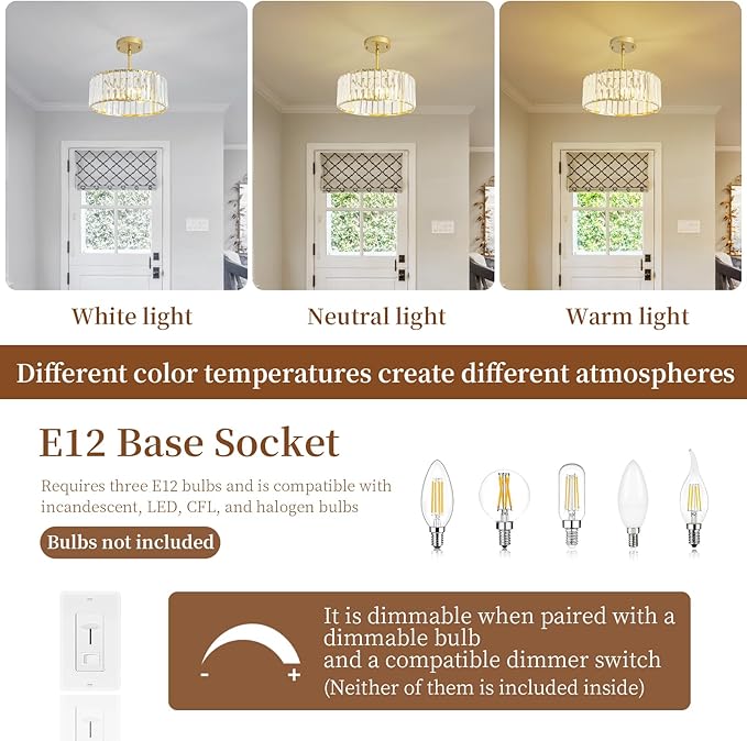 Small Gold Crystal Chandelier,Modern Dining Room Light Fixture Over Table,3-Ligh Round Kitchen Hallway Lighting Fixture, Semi Flush Mount Ceiling Pendant Light for Entryway Foyer, 12''