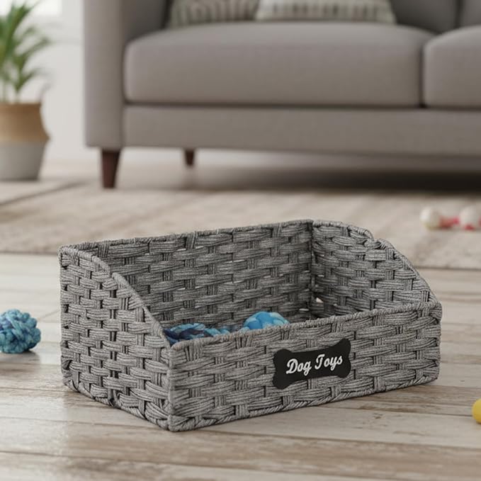 Geyecete dog toy basket Foldable Pet Toy Storage Box, Gray Seagrass & Iron Wire Design for Organized Living pet toy bin basket Wicker dog toy box