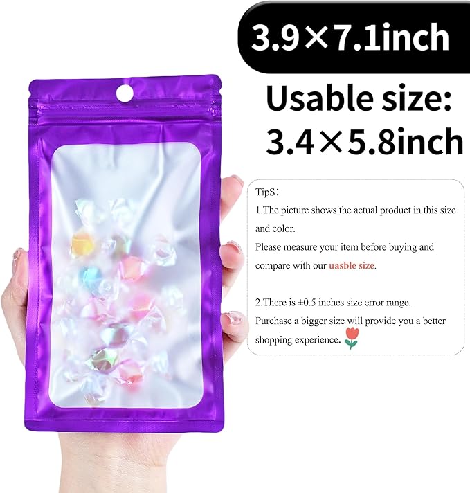 100 Pack Resealable Plastic Bags for Food Storage, Zipper Bags with Clear Front Window, Packaging Pouch for Small Business (Purple, 3.9x7.1 inch)