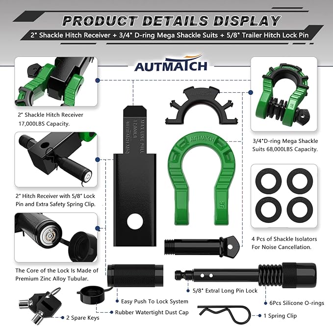 AUTMATCH Shackle Hitch Receiver 2" with 3/4" Mega D Ring Shackle and 5/8" Trailer Hitch Lock Pin, 68,000 Lbs Break Strength Heavy Duty Receiver Kit for Off-Road Vehicle Recovery, Black & Dark Green