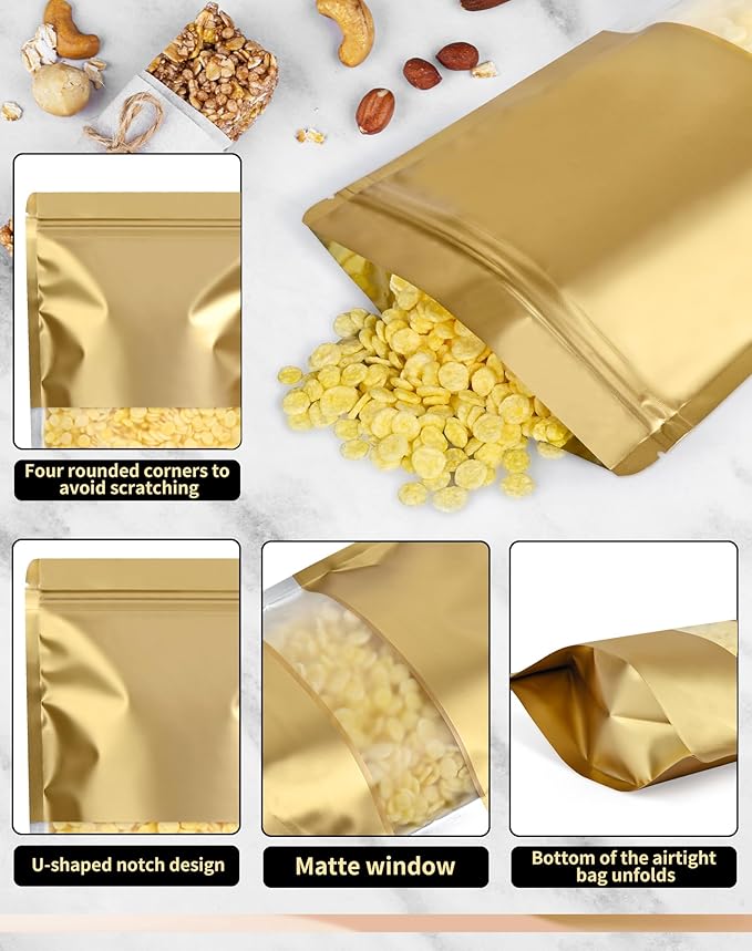 FireKylin 100 Pack Smell Proof Bags 7.9" x 11.8", Resealable Bags with Matte Window, Foil Pouch Stand Up Sealable Bags for Packaging(Gold)