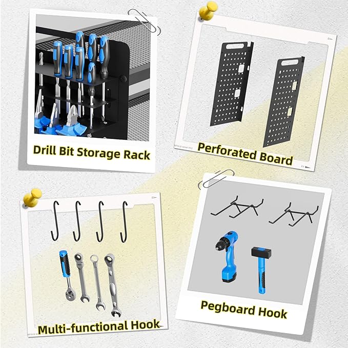 Power Tool Organizer Wall Mount with Charging Station, 4 Layers 4 Drill Holder, Heavy Duty Storage Utility Racks, Supports 600 lbs,Battery Shelf for Garage and Workbench (16 Inch 4 Drills Holder)