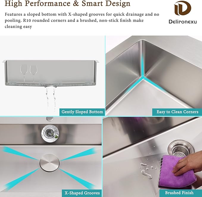 25x22 Drop In Kitchen Sink – Delironexu 18 Gauge Stainless Steel Kitchen Sink, 25 Inch Top Mount kitchen sink with Brushed Finish, 6 Inch Deep Single Bowl Sinks for RV, Prep, and Outdoor Use