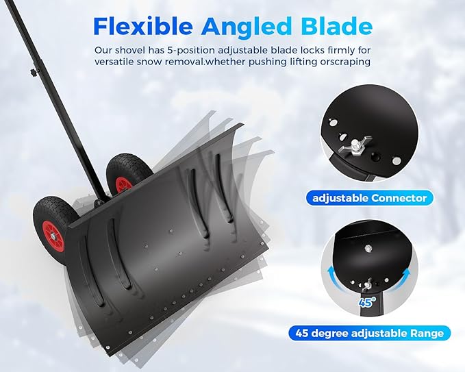 GarveeLife 29" Snow Shovel Pusher for Driveway, Heavy Duty Metal Wheeled Snow Plow with Adjustable Handle&Angled Blade,Ergonomic Single Rod Snow Removal Tool for Doorway/Sidewalk(Black