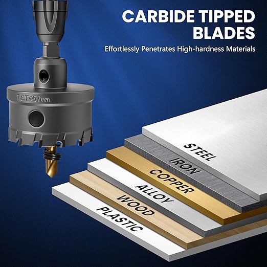 16pc Carbide Hole Saw Kit, Hole Drill Bit Set for Metal/Wood/Steel/Iron/Plastic, with 2*Detachable Pilot Drill Bits and 2*L-Wrench