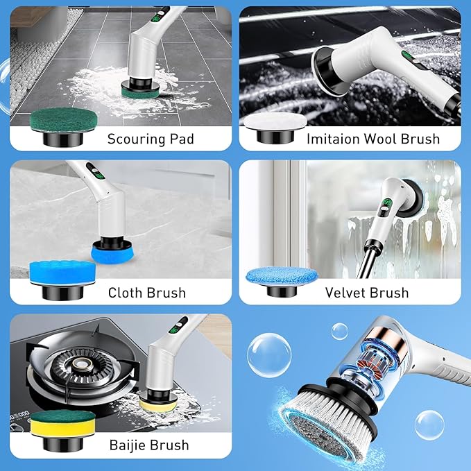 IPX7 Waterproof Electric Spin Scrubber, Power Cleaner with 9 Brush Heads, LED Battery Display, 2 Speeds Adjustable Long Handle for Kitchen Bathroom, Shower, Tile & Car Cleaning (A-White)