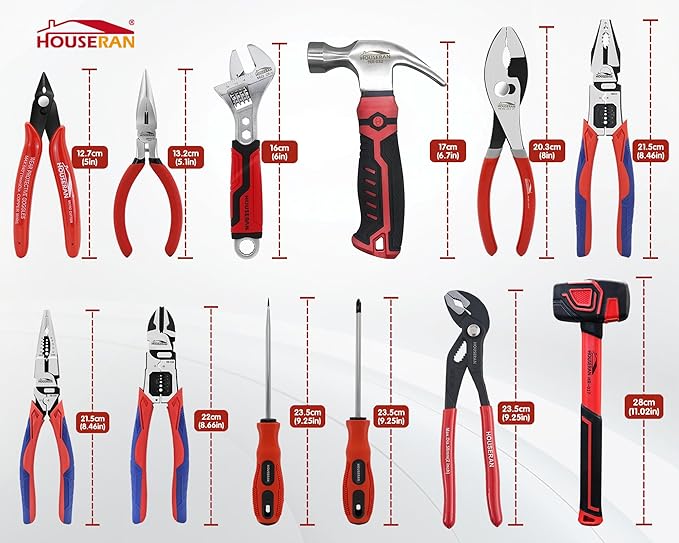 12-Piece Household Hand Tool Set with Toolbox – Heavy Duty CRV Pliers, Adjustable Wrench, Rubber Mallet & Claw Hammer for Home, Garage, Automotive & DIY Projects