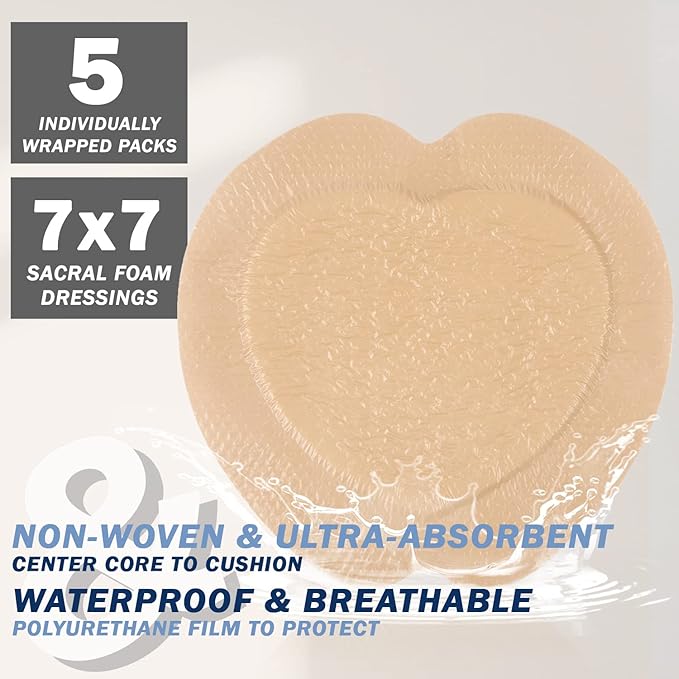 EVERLIT Sacrum Silicone Foam Dressing | Highly-Absorbent Waterproof Sacral Bandage Pad for Bed Sore Pressure Ulcer Wound Care | Sterile Adhesive Dressing for Chronic Wounds (7" x 7" | 5 Pack)