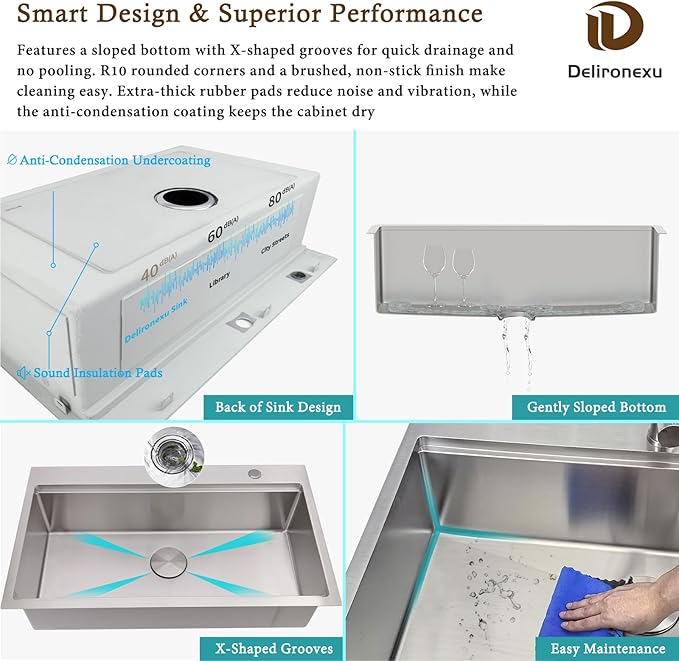 33x19 Drop In Kitchen Sink - Delironexu 16 Gauge Stainless Steel Sinks, 33 Inch Drop In Kitchen Sink Single Bowl, Top Mount Workstation Sinks with 6 Accessories Package