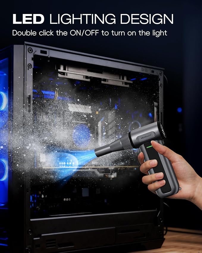 WeGuard W22 Compressed Air Duster, 180000RPM Cordless Electric Air Duster with Brushless Motor - Rechargeable & 3 Speed Adjustable - Dust Cleaner for Keyboard, Computer, Outdoor, House and Car