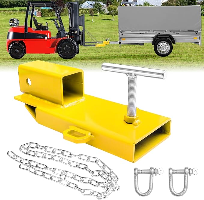 Fork Trailer Hitch Attachment, EBESTTECH 1PC 2" Forklift Ball Hitch Receiver Trailer Towing Adapter Attachment with Chain Yellow