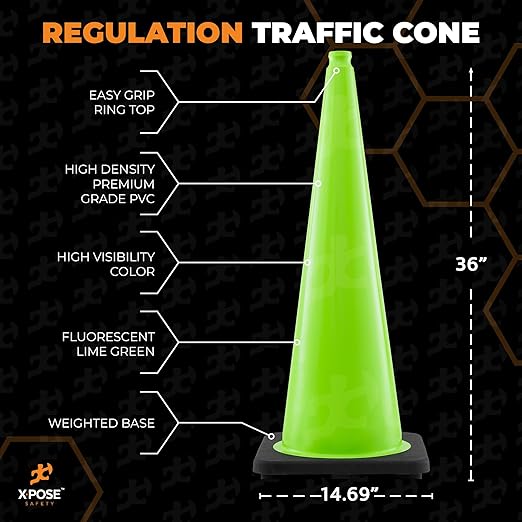 Xpose Safety 36” Lime Green Traffic Cone - 1 Pack - Premium PVC Safety Cone for Parking, Caution, Construction, Road Crews, Emergency Vehicle - DOT Approved