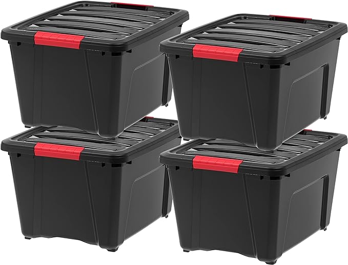 IRIS USA 32 Qt Stackable Plastic Storage Bins with Lids, 4 Pack - BPA-Free, Made in USA - Garage Organizing Solution, Latches, Durable Nestable Containers, Secure Pull Handle - Black