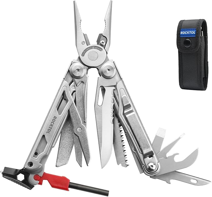 ROCKTOL Multitool, 22-in-1 Multi-tool Pliers with Fire Starter, Emergency Whistle, Glass Breaker, Safety Locking and Nylon Sheath for Survival, Camping, multitool for men