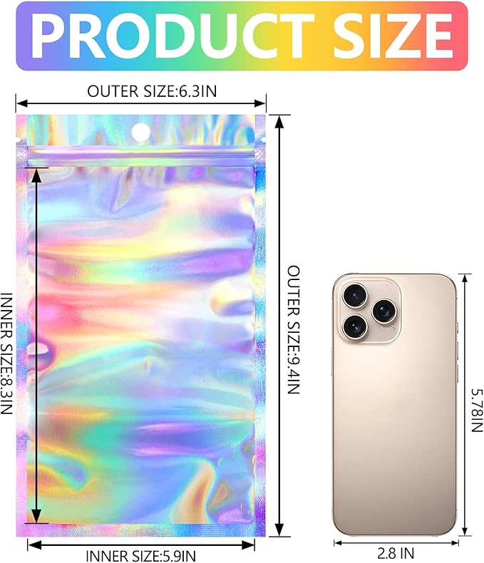 Funfery 100 pcs Mylar Holographic Bags Packaging Bags,Clear Resealable Smell Proof Bag Foil Pouch Bag for Party Favor,Food Storage Baggies Packaging for Small Business(6.3x9.4in,Holographic)