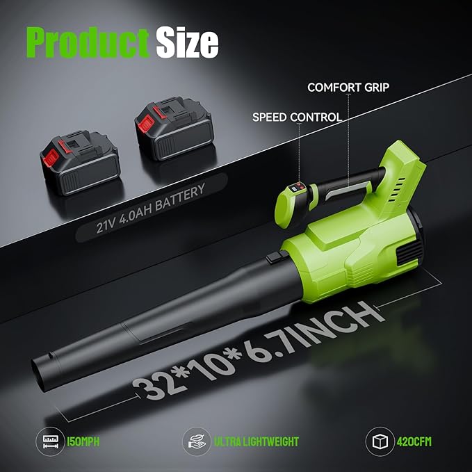 Cordless Leaf Blower, Electric Cordless Leaf Blower with 2 Batteries and Charger, 2 Speed Mode, Lightweight Blower for Blowing Leaves, Patio Cleaning, Blowers for Lawn Care and Dust