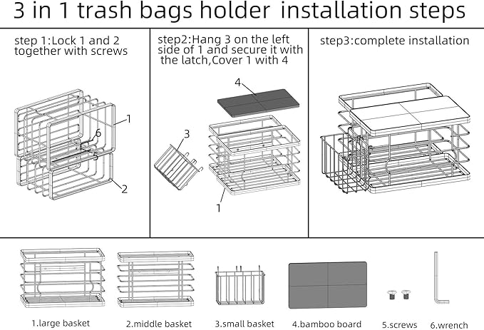 Trash Bag Dispenser Holder Under Sink, 3-in-1 Metal Garbage Bag Holder & Organizer with Bamboo Lid, Large Trash Bag Storage for Kitchen Cabinet, Pantry, Laundry Room Organization
