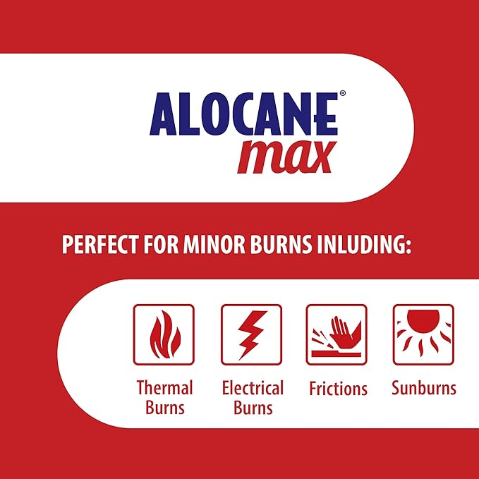 ALOCANE Emergency Burn Spray, 4% Lidocaine Max Strength Fast Pain Itch Relief for Minor Burns, Sunburn, Kitchen First Aid Treatment Burn Care, 4 Fl Oz