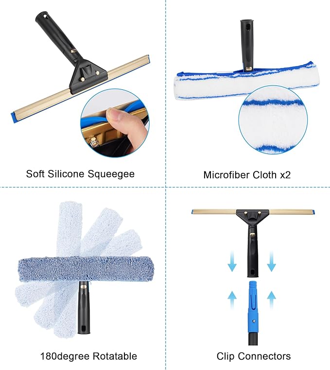 Window Cleaning Kit with Storage Bucket, Window Squeegee with 4.13ft Extension Pole, Scrubber, Spray Bottle,Duster Cloth, Squeegee with Rotating Head, Professional Window Cleaning Tools