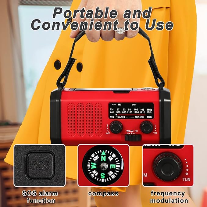 Hand Crank Emergency Radio, 10000mAh/37000mWh Solar Powered AM/FM/NOAA Weather Radio with Multi-Function LED Flashlight and Cell Phone Charger for Indoor/Outdoor Emergencies