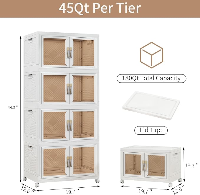 Large Clear Stackable Storage Bins with Lids, Foldable Storage Cabinet for Closet Organizers and Storage, Plastic Storage Box with Wheels 270 QT