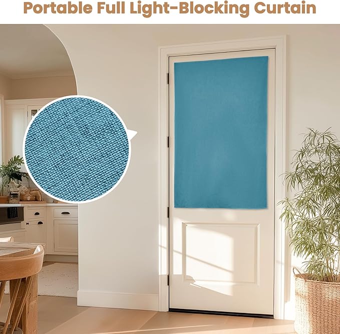 100% Blackout French Door Curtain,Adhesive, No Drilling Required,Small Curtains Designed for Installation On Doors (Stone Blue - W25 × L40 in)