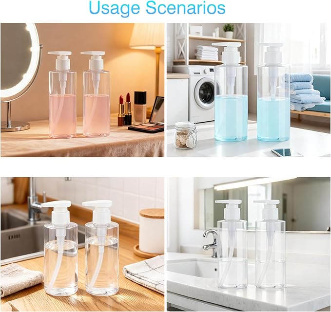 Plastic Pump Bottle Dispenser, BPA-Free Clear Refillable Empty Containers,2 Pack Portable Hand Pump Bottles Dispenser for Lotion Shampoo Conditioner