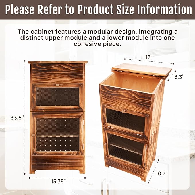 Large Potato and Onion Storage Bin - Wooden Stackable Bread Storage Box with Lid & Mesh Doors, Decorative Fruit and Vegetable Organization Cabinet for Kitchen, 15.75"W x 10.7"D x 33.5"H (Rustic Color)