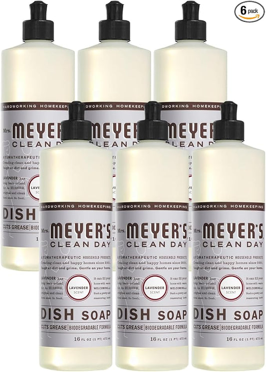 MRS. MEYER'S CLEAN DAY Liquid Dish Soap, Cruelty Free Formula, Lavender Scent, 16 oz- Pack of 6