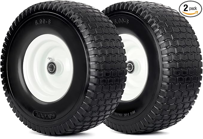15x6.00-6 Flat Free Lawn Mower Tire and Wheel, 15x6-6nhs Riding Mowers Lawn Tire and Wheel with 3/4" Bearing, 3" Centered Hub, 2 Pack