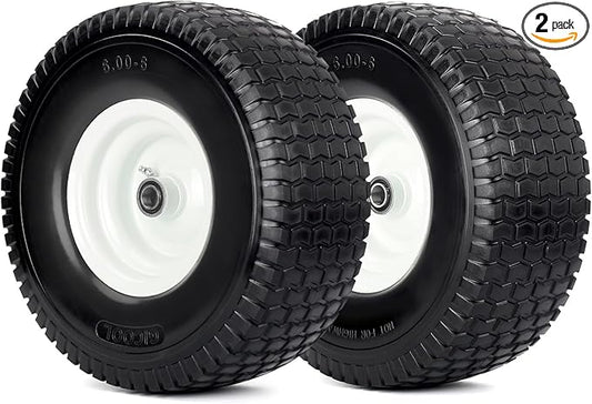 15x6.00-6 Flat Free Lawn Mower Tire and Wheel, 15x6-6nhs Riding Mowers Lawn Tire and Wheel with 3/4" Bearing, 3" Centered Hub, 2 Pack