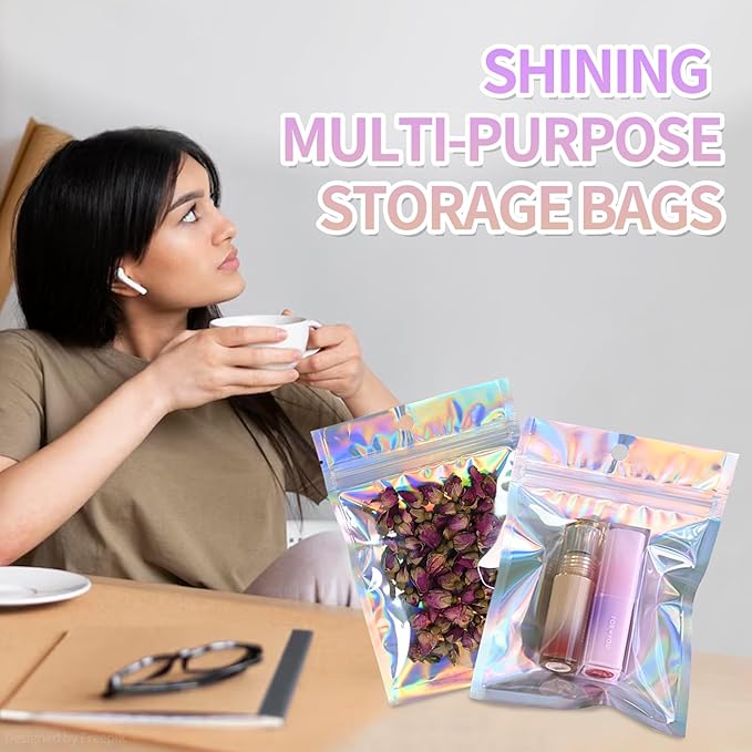 4"X6"120Pcs Resealable Holographic Aluminum Stand Bag for Small Business&Personal, Reusable Smell Proof Mylar Bags with Clear Window Ziploc Foil Pouch for Packaging,Jewelry,Nail Art,Makeup,Candy,Snack