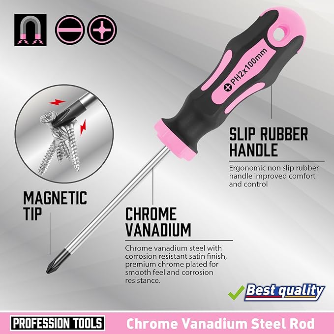Amartisan 10-Piece Magnetic Screwdrivers Set, 5 Phillips and 5 Slotted Tips Professional Cushion Grip Screwdriver Set 2pcs Portable Multifunction Key Mini Screwdriver (Pink)