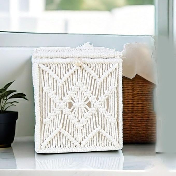 Tissue Box,lace Square Open Tissue Box,Cover Boho Decor Square Holder Woven Macrame Napkin Facial Paper Organizer Home Decor for Bedroom Living Room