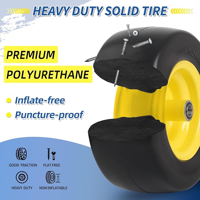 11x6.00-5 Flat Free Zero Turn Mower Tire and Wheel, 11x6-5nhs Riding Mowers Lawn Tire and Wheel with 3/4" Bearing, 5.8" -8" Centered Hub, 2 Pack