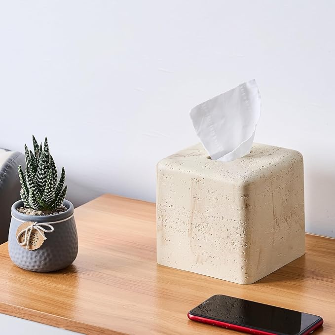 Natural Travertine Textures Tissue Box Cover Square for Home Decor,Resin Heavy Tissue Box Holder for Bathroom Countertop,Tabletop,Bedside Table,Office (Handmade of Resin)