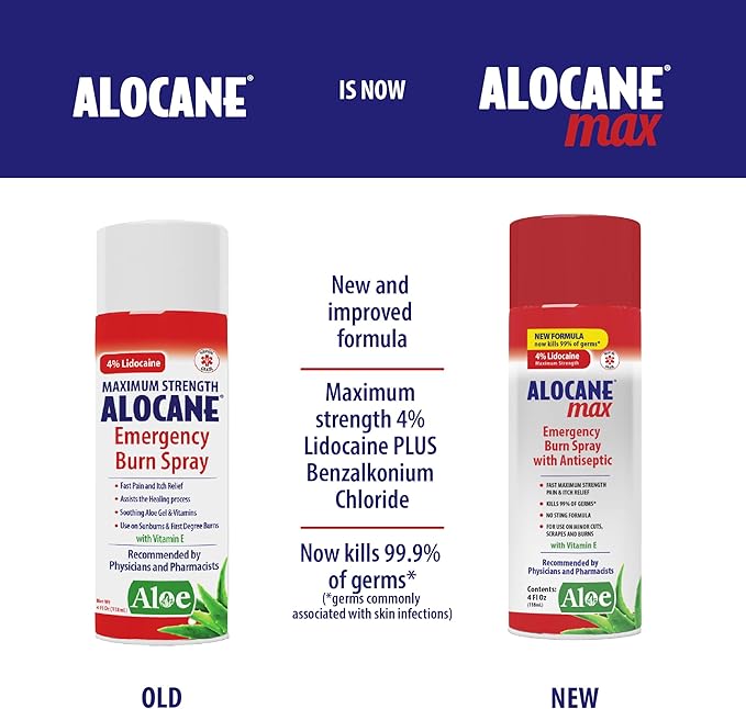ALOCANE Emergency Burn Spray, 4% Lidocaine Max Strength Fast Pain Itch Relief for Minor Burns, Sunburn, Kitchen First Aid Treatment Burn Care, 4 Fl Oz