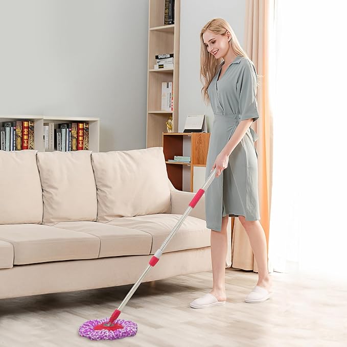 Spin Mop Replacement Handle, 47.6-inch 360 Degrees Rotating Telescopic Replacement Mop Stick with Robust Reinforced Plastic Disc for Spin Mop Bucket Cleaning System (Plastic Disc,Red)