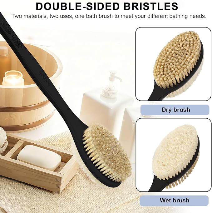 Back Scrubber, Back Scrubber for Shower, Bath Brush Long Handle for Shower with Double Sided Bristles for Wet or Dry Brushing (Black)
