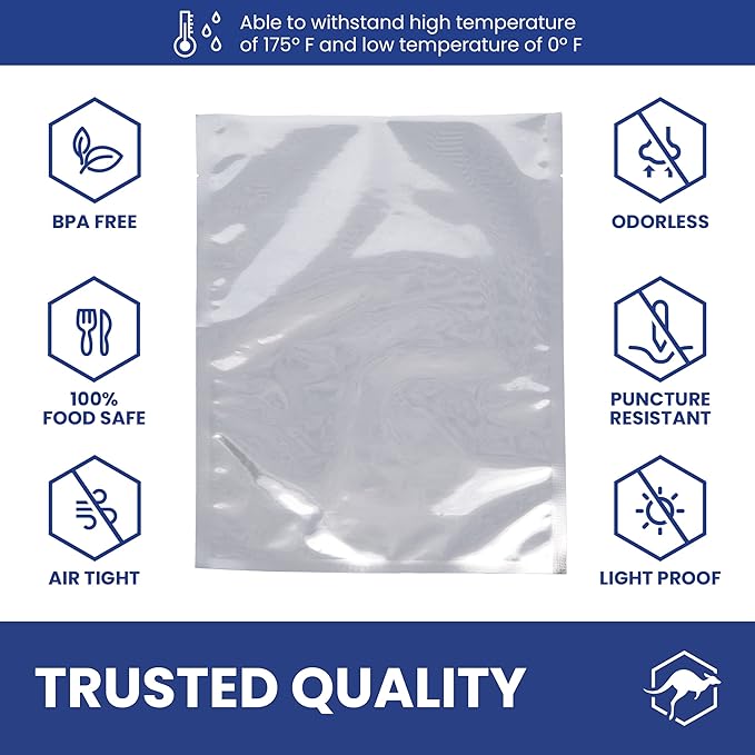 Wallaby 50 Count 2-Quart Mylar Bags with Labels, 10 Mil Total Thickness Long-Term Food Storage Pouches, 8x12 Heat-Sealable Airtight Packaging - Silver