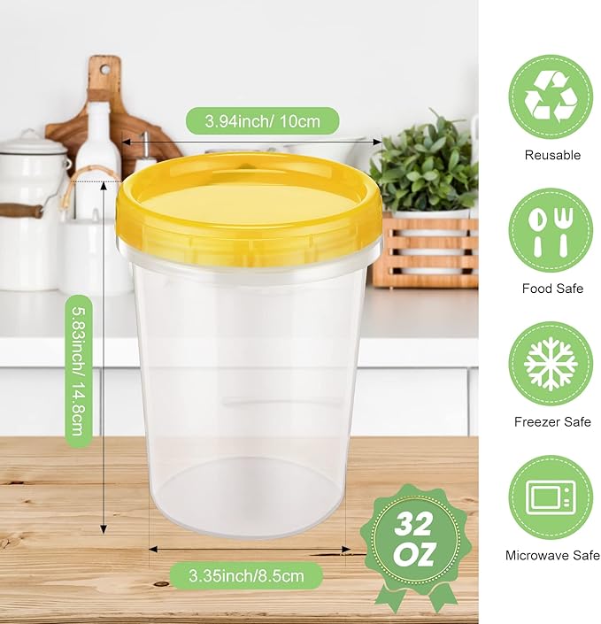 24 Pcs 32 oz Food Storage Freezer Container with Twist Top Lids Reusable Plastic Soup Food Containers with Screw on Lids Leakproof Round Containers for Juice Condiments Fruit Snacks Leftovers(Yellow)