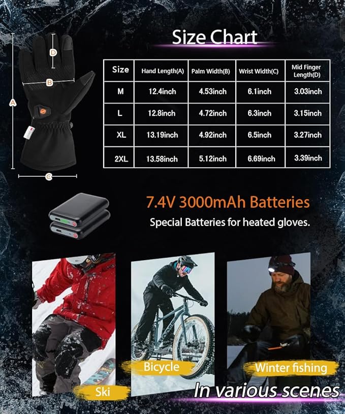 Heated Gloves with 3 Heat Settings for Men Women, 7.4V Rechargeable Battery, Electric Touchscreen Hand Warming Gloves Winter Outdoor Work Hunting Motorcycle Cycling