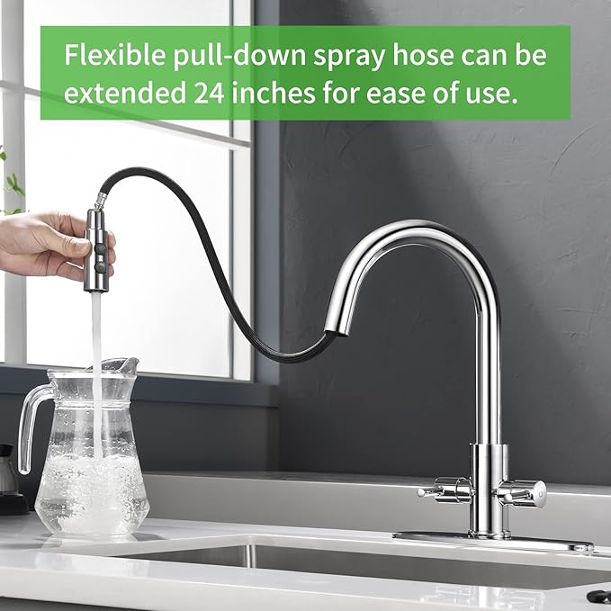 Kitchen Faucet, Two Handles Sink Faucet with Sprayer, Stainless Steel, Chrome, PB1049