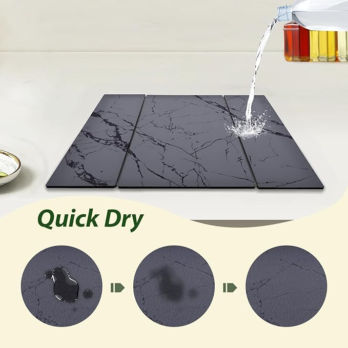 Large Stone Drying Mat for Kitchen Counter, 24"x16" Collapsible Quick Dry Dish Drying Mat, Water-Absorbent Marble Diatomaceous Earth Mats for Bottles Cups Dishes, Match Any Countertop